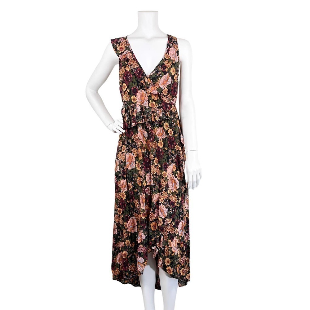 Raga Floral Wrap Hi-Lo Midi Dress Small Dark Romance Boho 70s Cottage